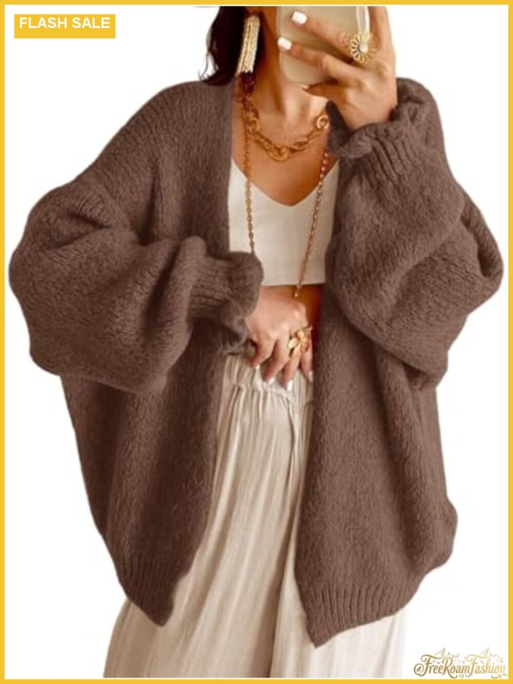 Oversized Chunky Knit Open Front Lantern Sleeve Cardigan Sweater